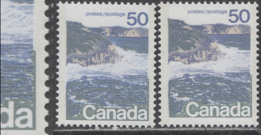 Canada #598avar 50c Multicoloured Seashore, 1972-1979 Landscape Definitive Issue, 2 VFNH Singles Type 2, Perf. 13.3, DF1/DF1 Paper & DF1/LF3, Rightward Shift of Grey Green