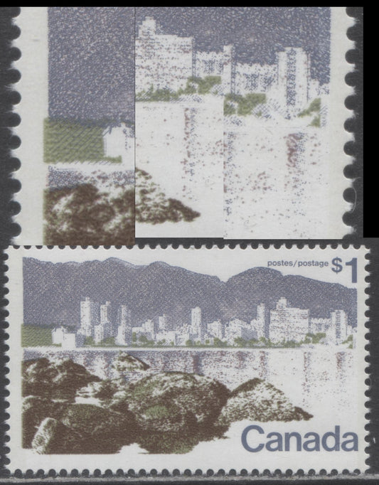 Canada #599aivvar $1 Multicoloured Vancouver, 1972-1979 Landscape Definitive Issue, A VFNH Single Perf. 13.3, LF3/MF6-fl Smooth Paper