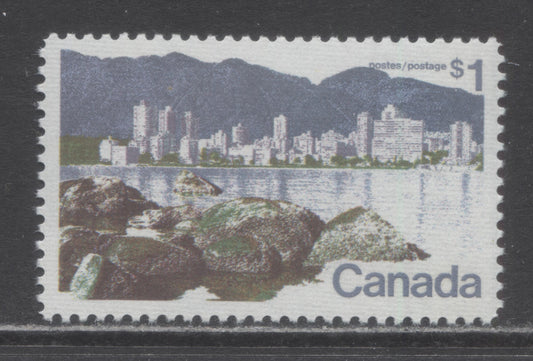 Canada #600i $1 Multicoloured Vancouver, 1972-1979 Landscape Definitive Issue, A VFNH Single Perf. 11, MF6/F Horizontal Ribbed Paper