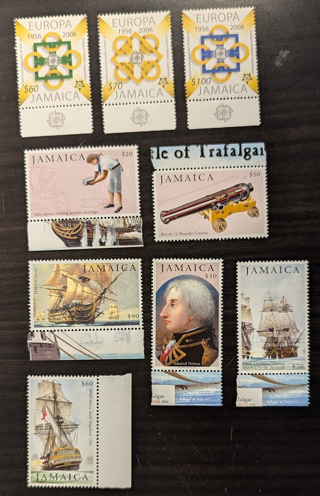 Lot 52 Jamaica SC#1013-1021 2005 European Philatelic Cooperation 50th Anniv - Battle Of Trafalgar Bicentenary Issues, 9 VFNH Singles, Click on Listing to See ALL Pictures, 2017 Scott Cat. $23.5