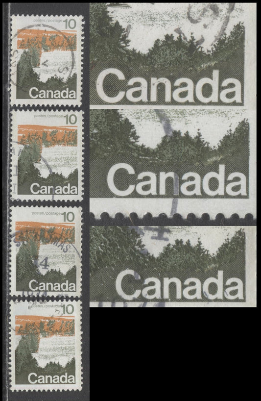 Canada #594ivar 10c Multicoloured Forests, 1972-1979 Landscape Definitive Issue, 4 VF Used Singles Type 1, DF2/LF3 Smooth Paper, 3 mm OP-2 Tagging, Patchy Vegetation Variety, Screened, Semi-Solid & Nearly Solid Backgrounds