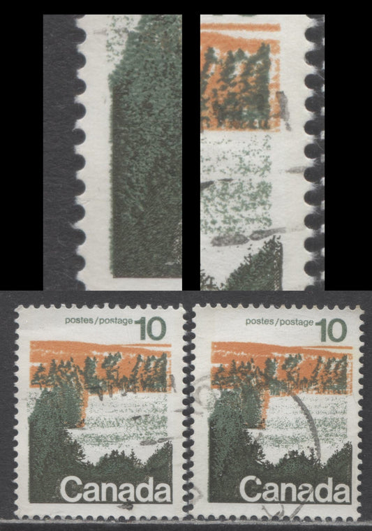 Canada #594avar, aiivar 10c Multicoloured Forests, 1972-1979 Landscape Definitive Issue, 2 Fine & VF Used Singles Type 2, Perf. 13.3, DF/DF and DF/LF Papers, Showing Creeping Vegetation Variety