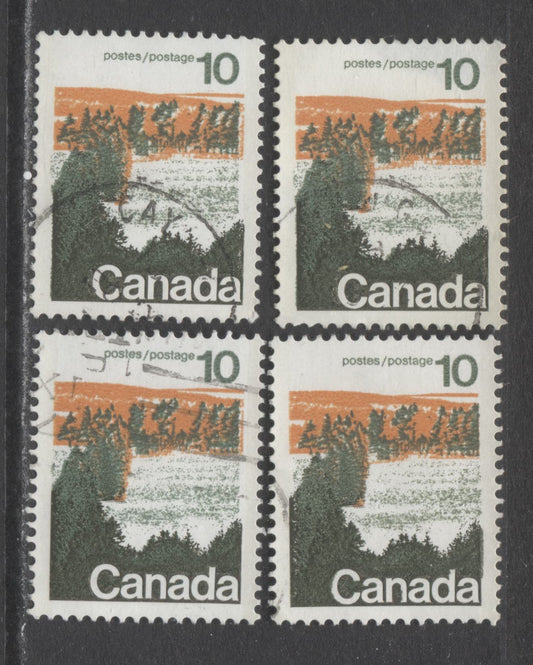 Canada #594avar, aiivar, aiiivar 10c Multicoloured Forests, 1972-1979 Landscape Definitive Issue, 4 VF Used Singles Type 2, Perf. 13.3, The Unlisted Papers Containing HB Flecks, All Scarce & Only Found On Field Stock Printings