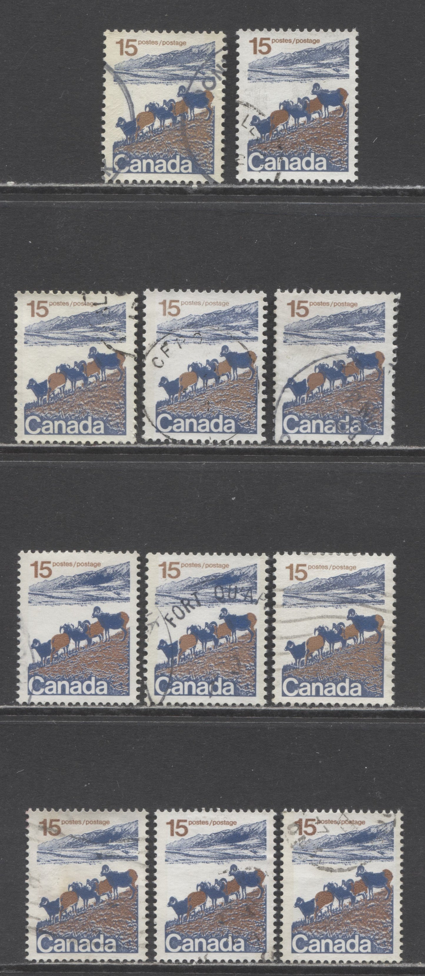 Canada #595-iii, iv, a-av 15c Multicoloured Mountain Sheep, 1972-1979 Landscape Definitive Issue, 11 VF Used Singles Nearly Complete Run Of Type 1&2 Printings, Excluding Two Perf. 12.5 x 12 Type 2's , But Including NF Type 2, Perf. 12.5 x 12