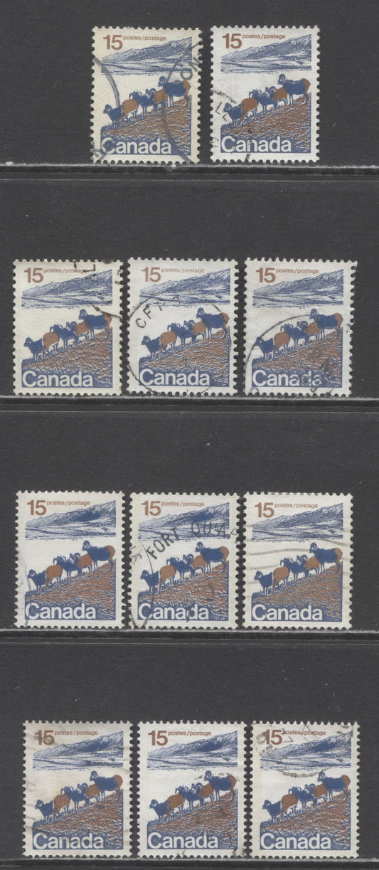 Canada #595-iii, iv, a-av 15c Multicoloured Mountain Sheep, 1972-1979 Landscape Definitive Issue, 11 VF Used Singles Nearly Complete Run Of Type 1&2 Printings, Excluding Two Perf. 12.5 x 12 Type 2's , But Including NF Type 2, Perf. 12.5 x 12