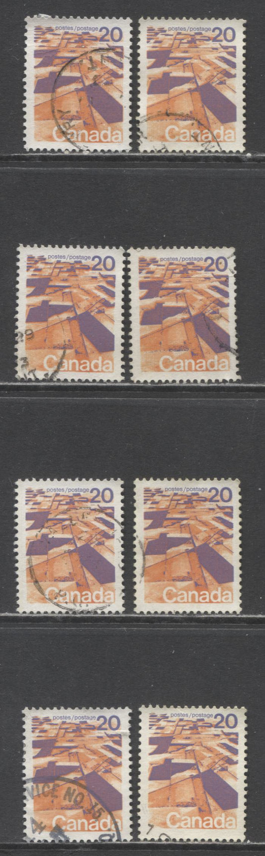 Canada #596, i, v 20c Multicoloured Prairies, 1972-1979 Landscape Definitive Issue, 8 VF Used Singles OP4, 3mm OP2, And 4mm OP-2, Various Vertically Ribbed Papers, All Different From Lot 345