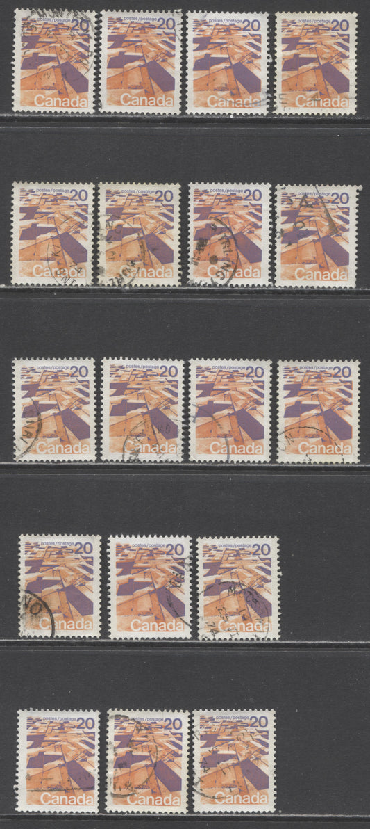 Canada #596iv, vi, x 20c Multicoloured Prairies, 1972-1979 Landscape Definitive Issue, 17 Fine & VF Used Singles 4 mm OP-2 Tagging, Comprehensive Run Of Smooth Paper Printings, Many Unlisted Fluorescence Levels, Different From Lot 352