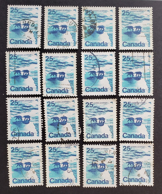 Canada #597-i, ii, vii, iii, iv-v, 8-aii 25c Multicoloured Polar Bears, 1972-1979 Landscape Definitive Issue, 15 VF Used Singles Most All Listed Printings, Plus Unlisted, Missing only LF Type 1 On Smooth Paper