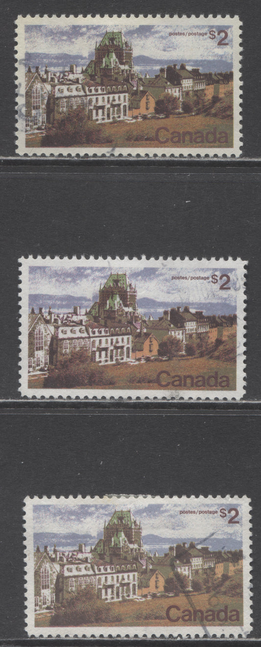 Canada #601 $2 Multicoloured Quebec City, 1972-1979 Landscape Definitive Issue, 3 VF Used Singles Two Plate 2 Printings, Each A Different Shade and One Plate 1 Printing