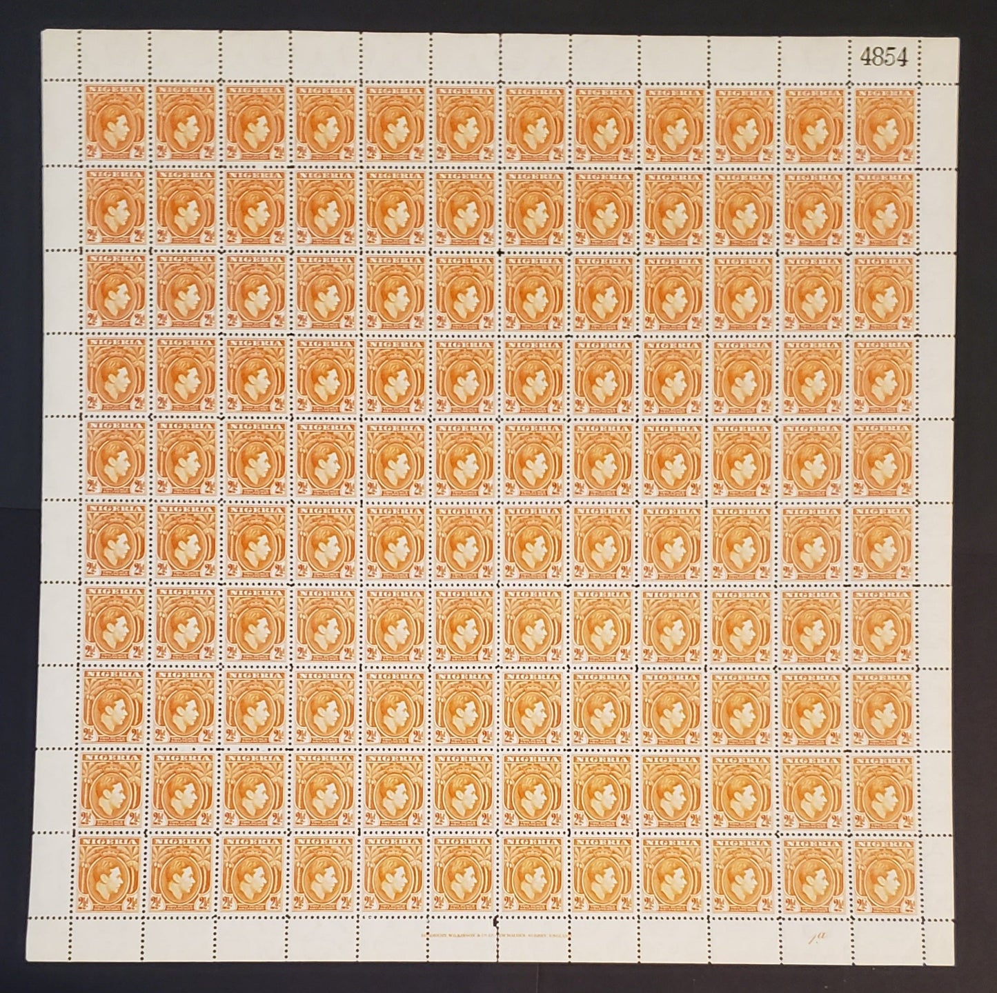 Nigeria #57 2.5d Orange King George VI, 1938-1951 King George VI Pictorial Issue, A VFNH Full Plate 1a Sheet Of 120 April 1941 Printing