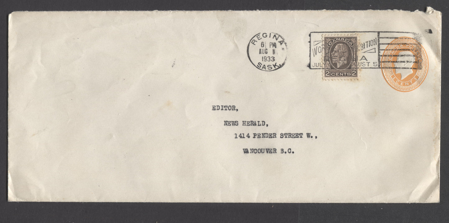 Lot 439 Canada #U25a 1c + 2c Orange & Dark Brown King George V, 1933 Medallion Issue, A F/VF #10 Envelope Uprated to 3c By Affixing 2c Medallion, Sent Domestically, Regina Grain Exhibition Slogan Cancel