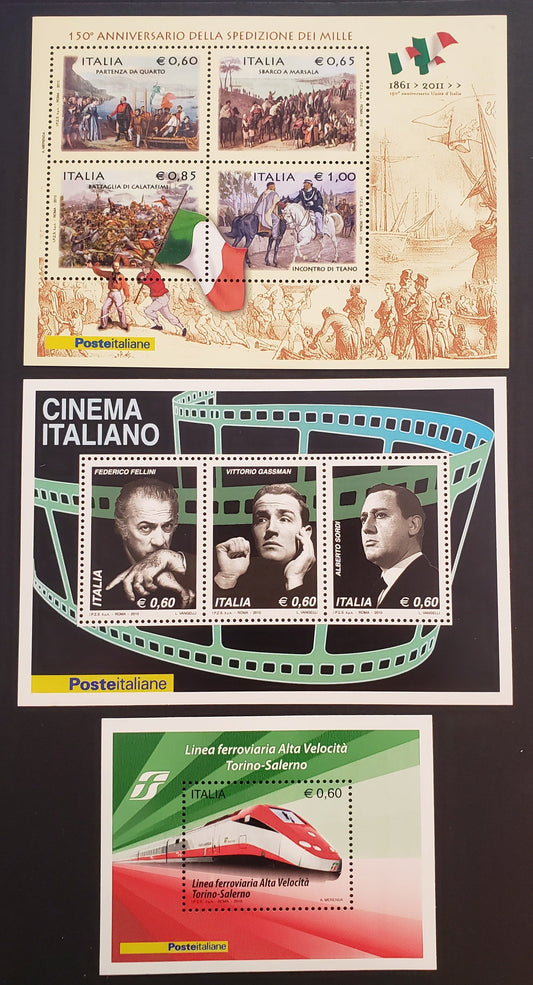 Lot 59 Italy SC#2994/3031 2010 Expedition Of The Thousand / Film Personalities Issues, 3 VFNH Souvenir Sheets, Click on Listing to See ALL Pictures, 2017 Scott Cat. $16.75