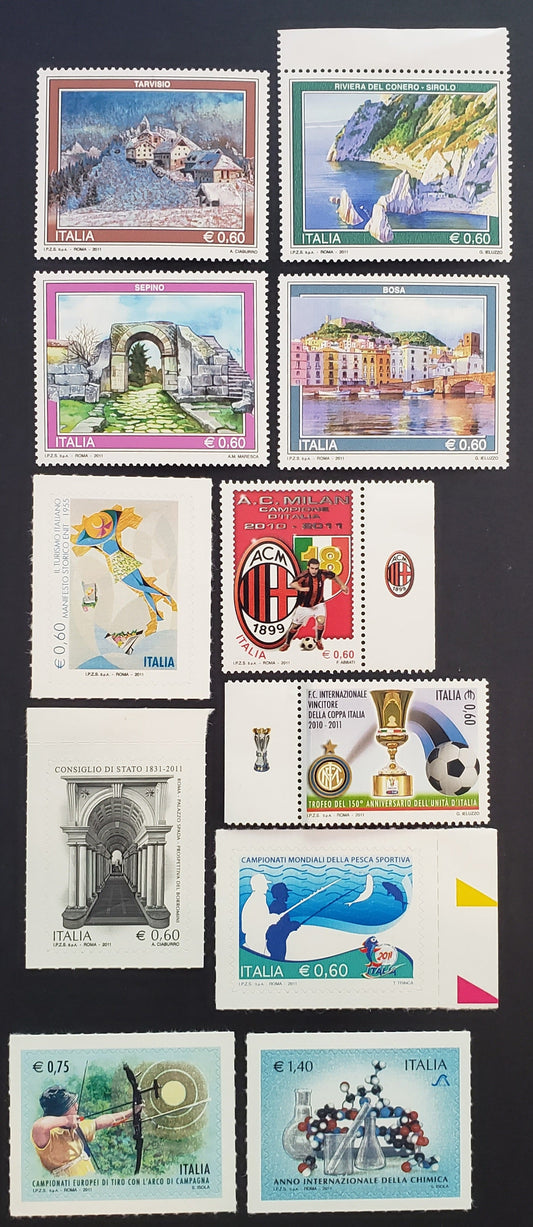 Lot 63 Italy SC#3080/3094 2011 Tourism / Council Of State Issues, 11 VFNH Singles, Click on Listing to See ALL Pictures, 2017 Scott Cat. $20.4