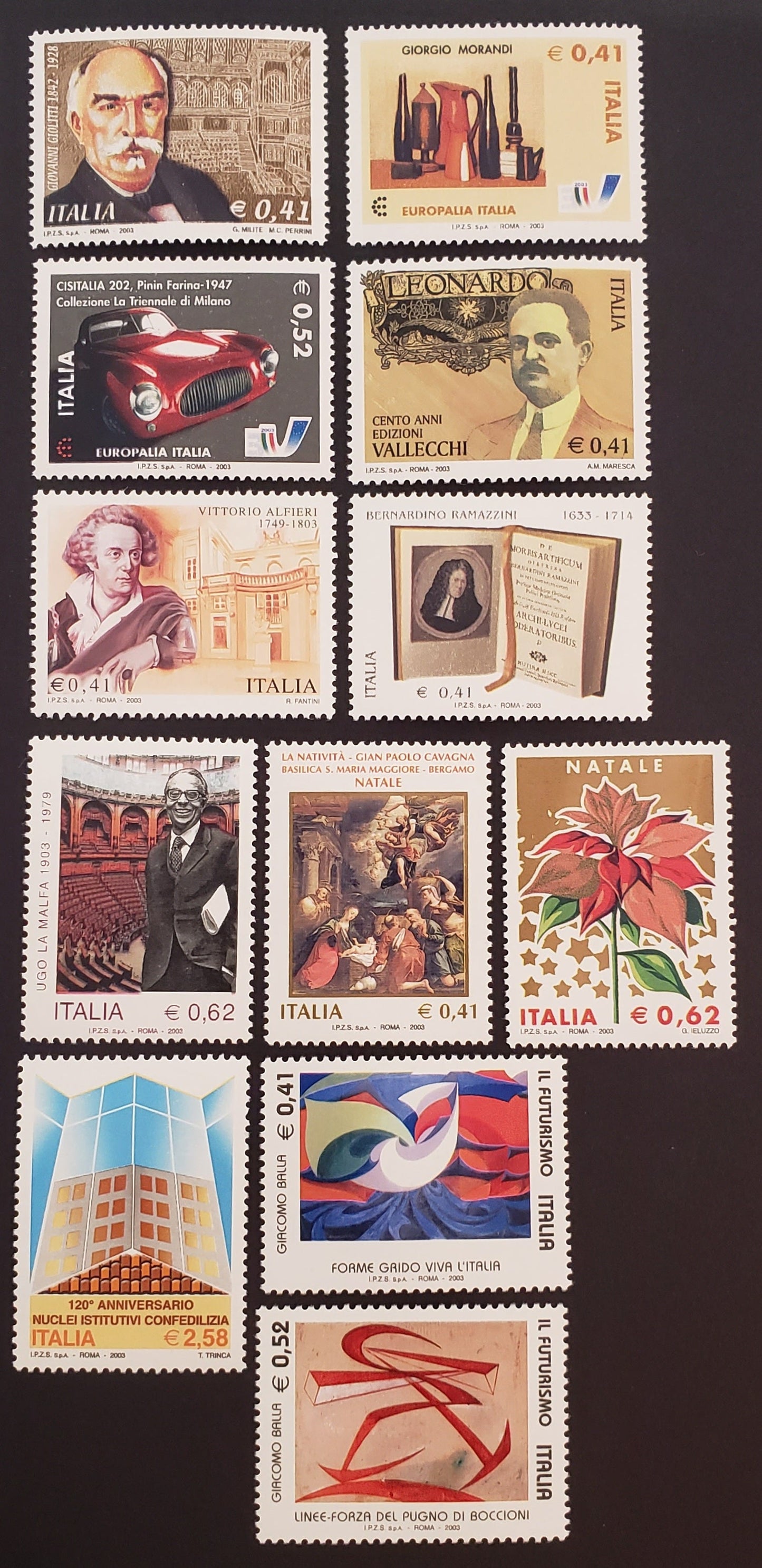 Lot 6 Italy SC#2567/2580 2003 Giolitti / Futurist Art Issues, 12 VFNH Singles, Click on Listing to See ALL Pictures, 2017 Scott Cat. $21.65