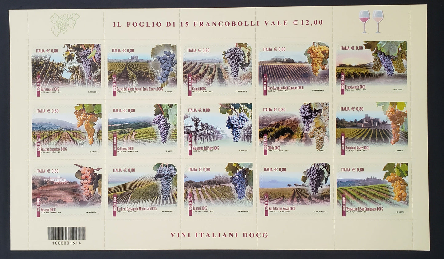 Lot 97 Italy SC#3270 2014 Grapes And Vineyards Issue, A VFNH Sheet Of 15, Click on Listing to See ALL Pictures, 2017 Scott Cat. $30