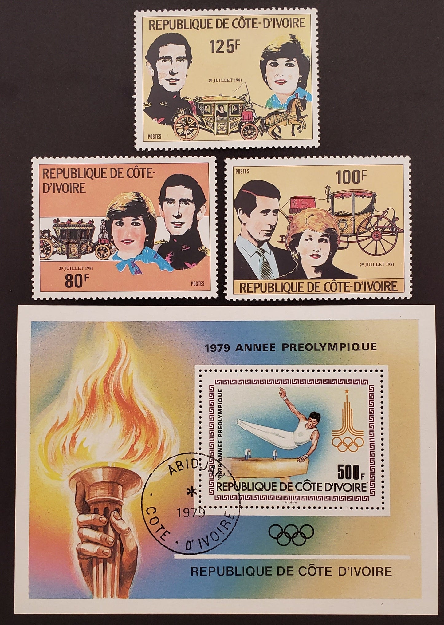 Lot 99 Ivory Coast SC#527/595 2014 Olympics / Prince Charles And Lady Diana Issues, 3 VFNH Singles And A Souvenir Sheet, Click on Listing to See ALL Pictures, 2017 Scott Cat. $9.3