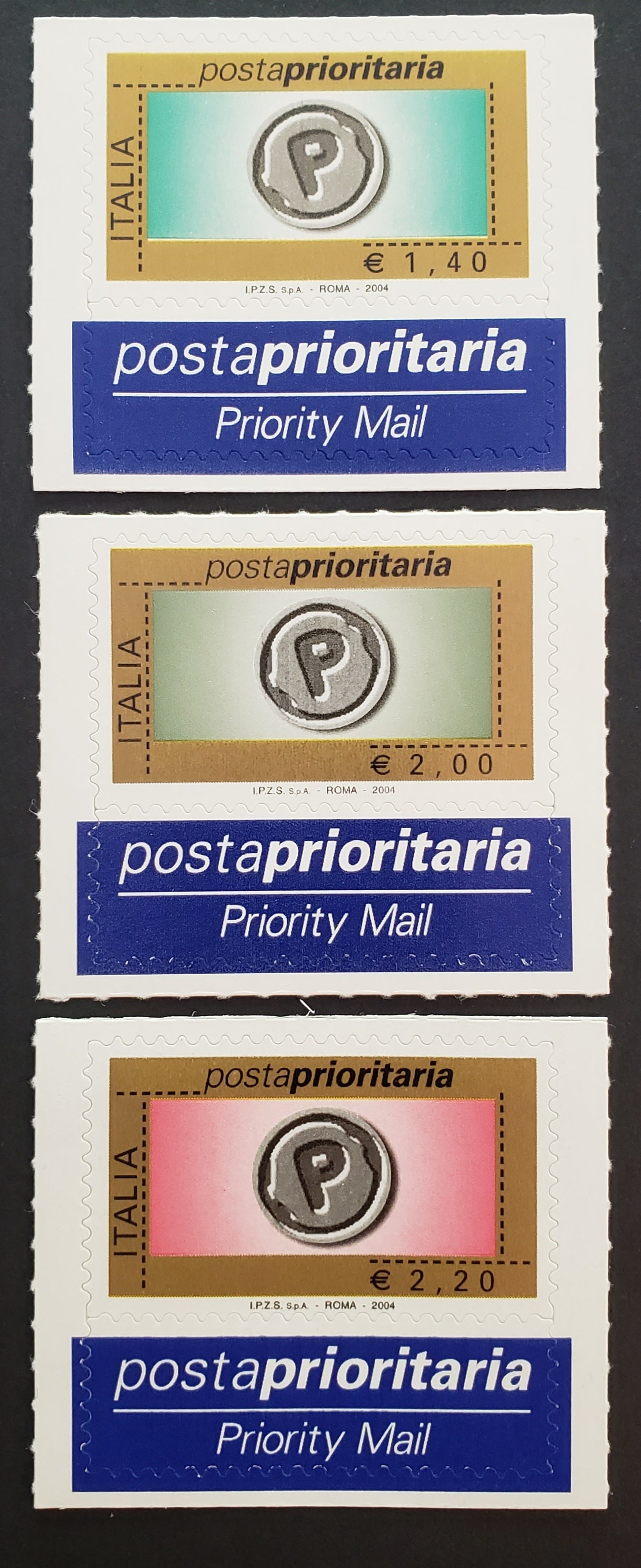 Lot 9 Italy SC#2613a 2004 Priority Mail Issue, 3 VFNH Singles, Click on Listing to See ALL Pictures, 2017 Scott Cat. $16.25