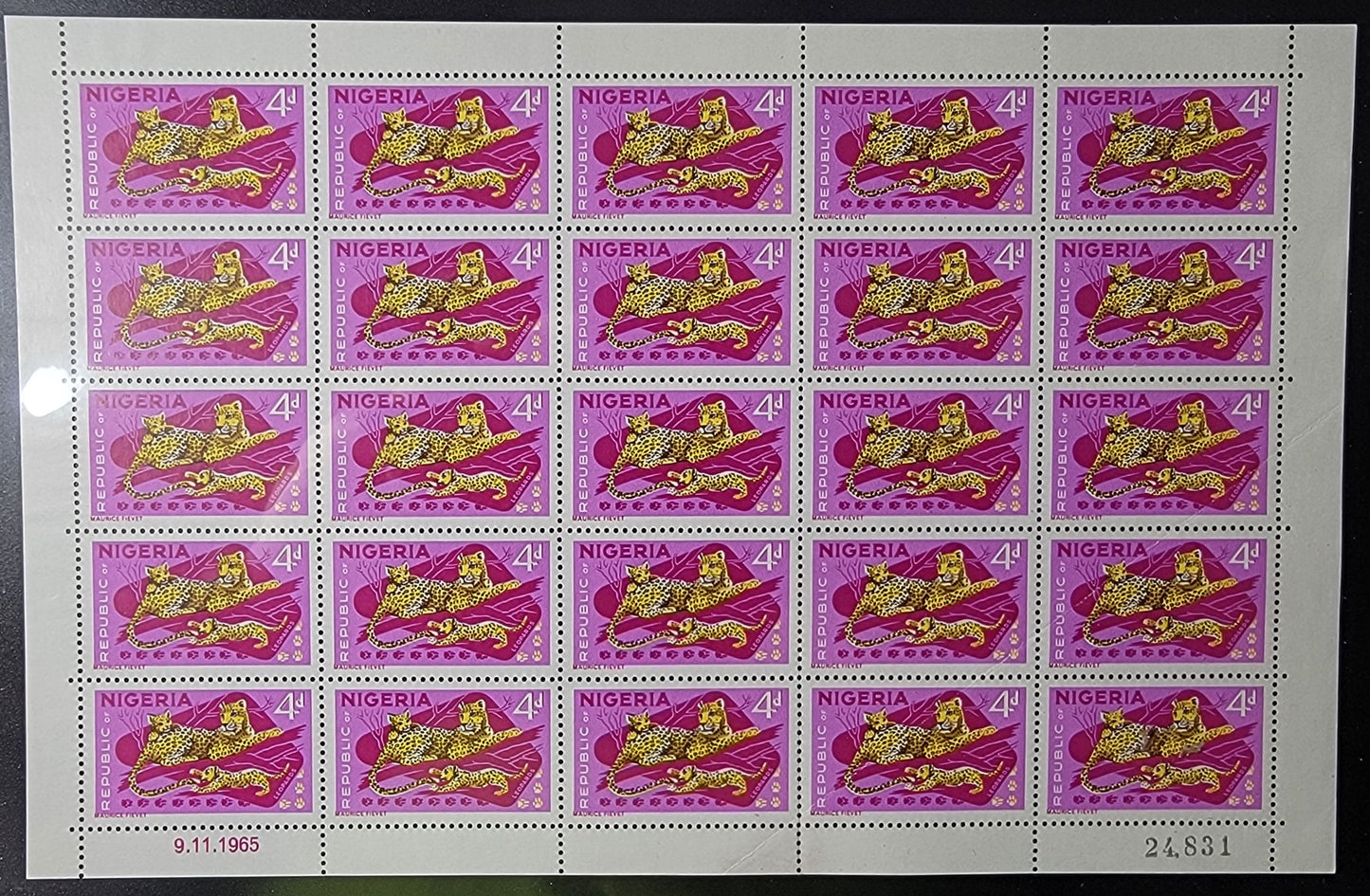 Lot 508 Nigeria #189a 4d Multicoloured Leopards, 1965-1966 Wildlife Issue, A VFNH/OG Full Sheet Of 25 On MF/MF Paper, Ink Fluoresces Pink Under UV, Diagonal Crease Affects 4 Stamps & Some Gum Disturbances, Perf. 12.5 x 12