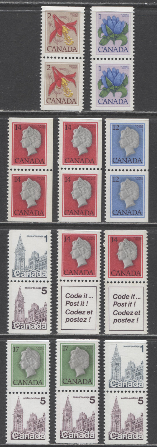 Canada #713ai/800 1c-14c Multicoloured Various Subjects, 1977-1985 Floral & Environment Issue, 11 VFNH Vertical Booklet Pairs On Various DF And LF Papers, Including Shades