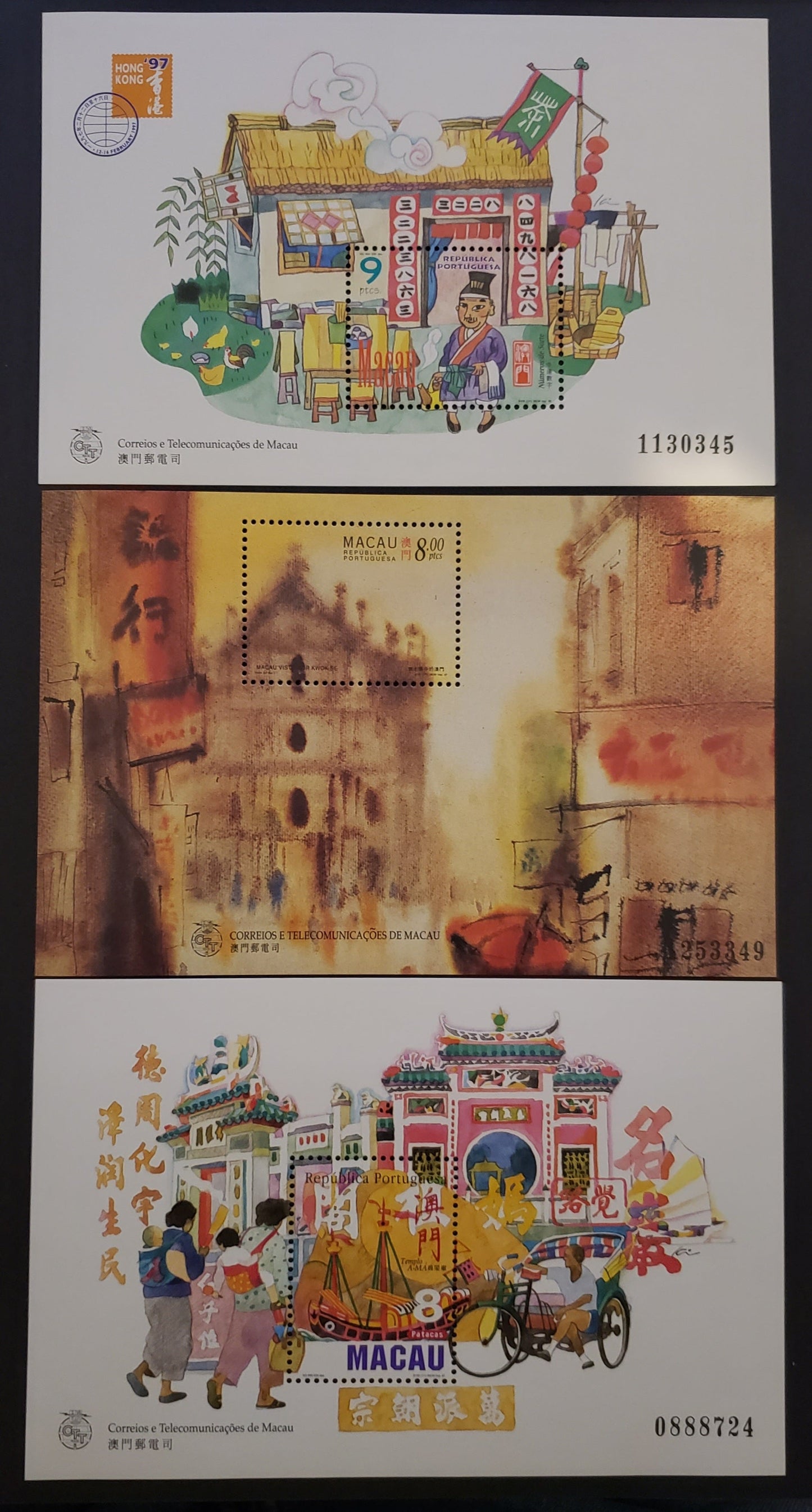 Lot 134 Macao SC#859/873 1997 Lucky Numbers / Temple A-Ma Issues, 3 VFNH Souvenir Sheets, Click on Listing to See ALL Pictures, 2017 Scott Cat. $18