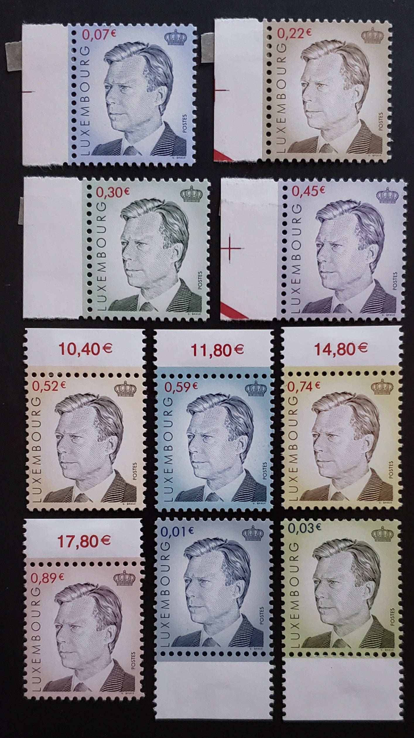 Lot 34 Luxembourg SC#1072/1081 2001-2003 Grand Duke Henri Issue, 10 VFNH Singles, Click on Listing to See ALL Pictures, 2017 Scott Cat. $10.2