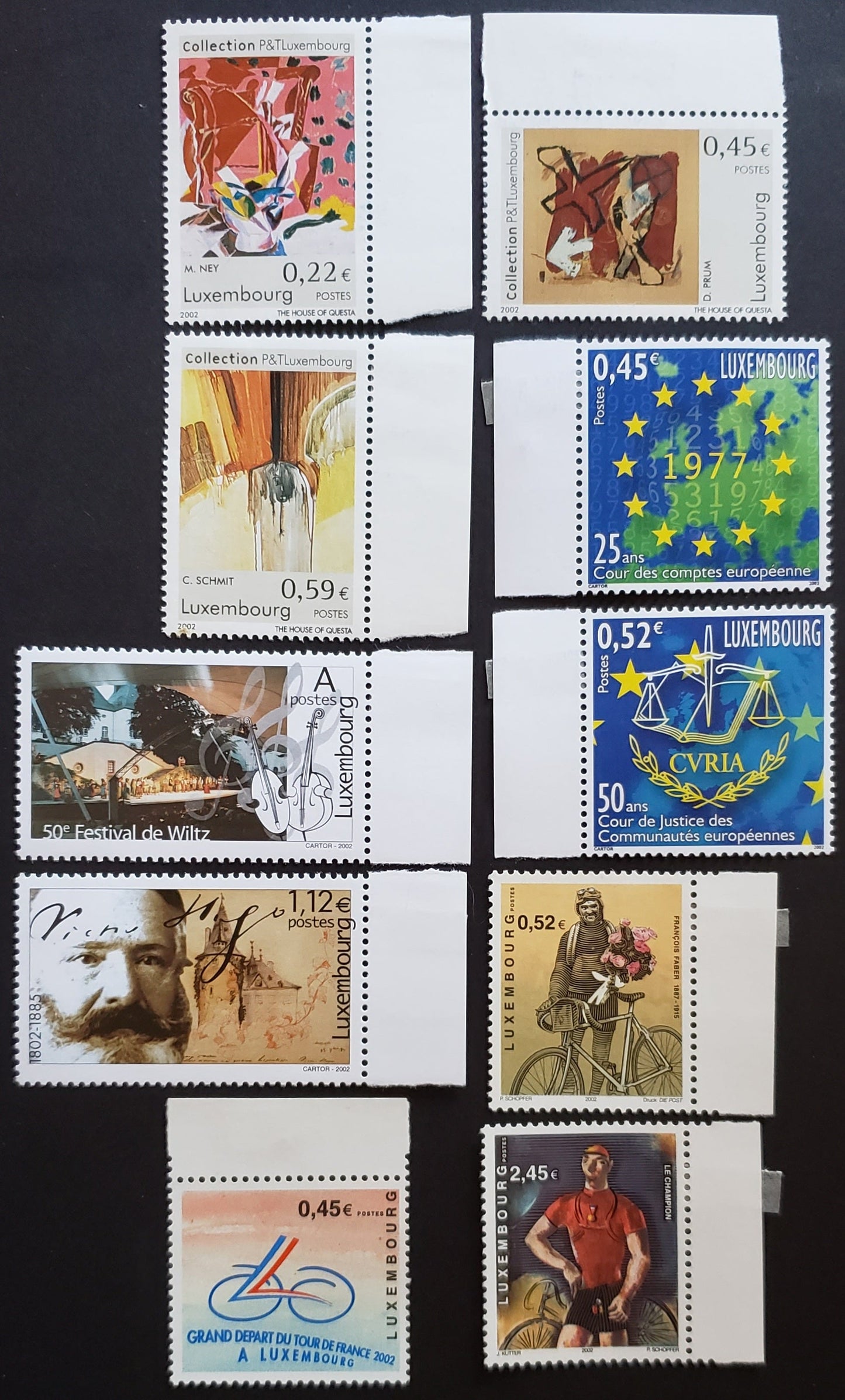 Lot 37 Luxembourg SC#1085/1094 2002 Art Collection Of Luxembourg Posts & Telecommunications /Tour De France Issues, 10 VFNH Singles, Click on Listing to See ALL Pictures, 2017 Scott Cat. $18.75