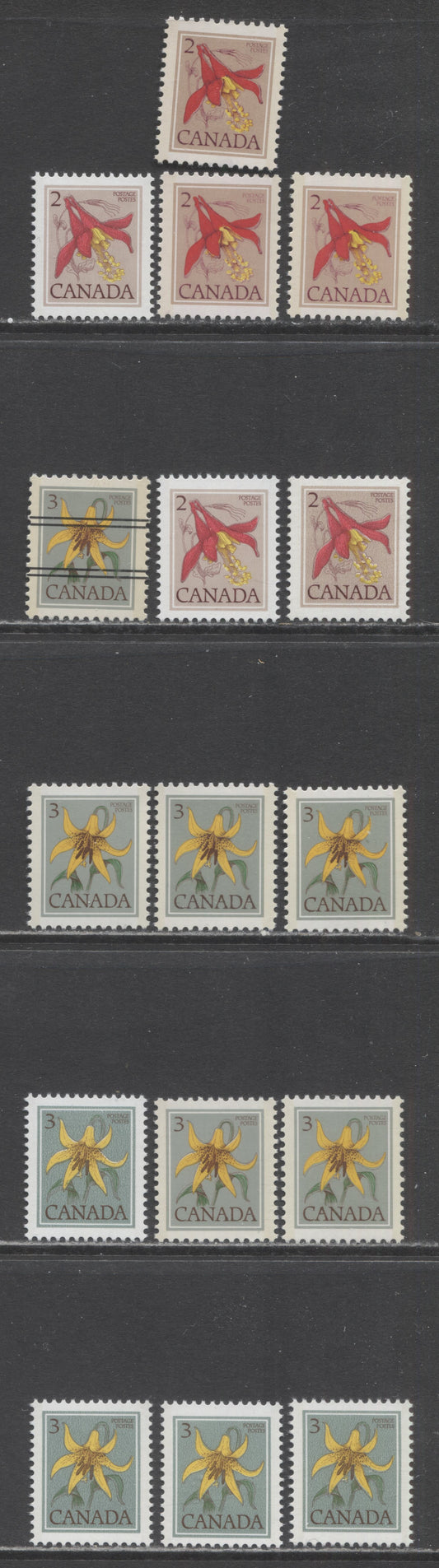 Canada #707-708, 782-ii, 783-ii 2c-3c Multicoloured Western Columbine & Canada Lily, 1977-1982 Floral & Environment Issue, 16 VFNH Singles CBN & BABN Printings On Different Paper Types, With Shade Variations