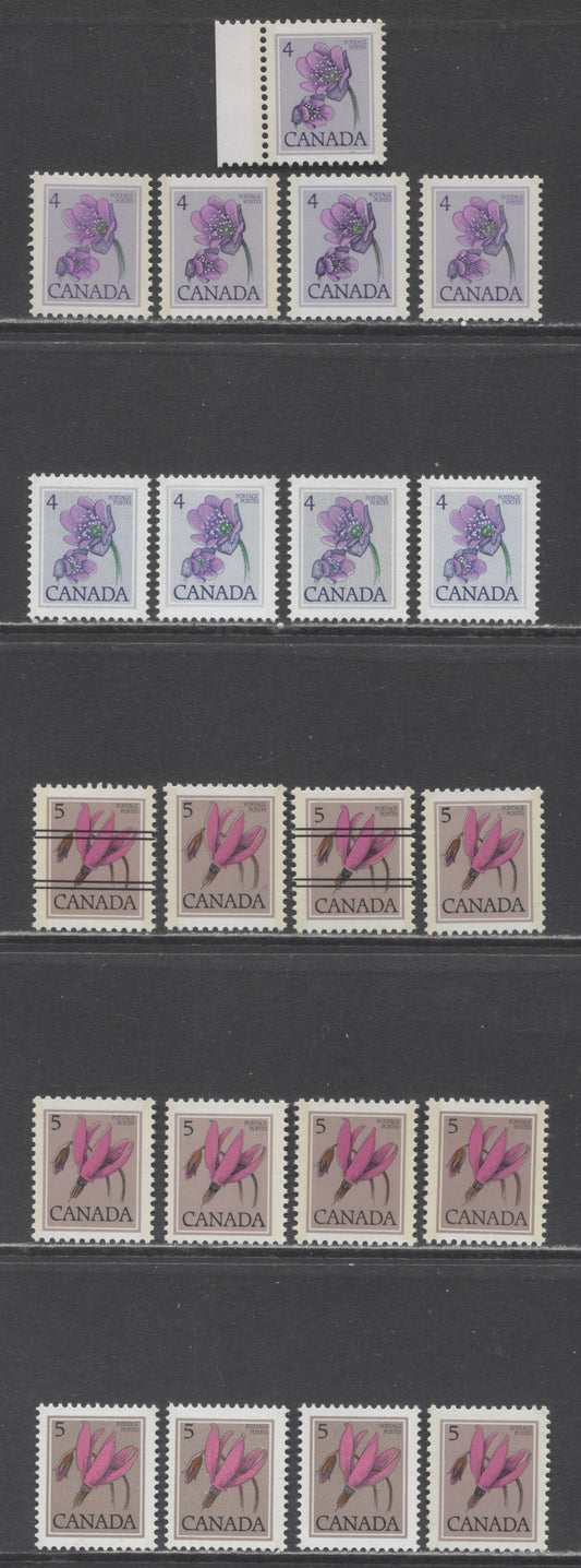 Canada #709-710i, 784-785 4c-5c Multicoloured Hepatica-Shooting Star, 1977-1982 Floral & Environment Issue, 21 Fine & VFNH Singles CBN & BABN Printings on Different DF and LF Papers