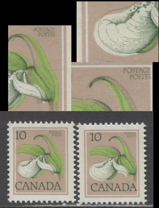 Canada #711avar 10c Multicoloured Lady's Slipper, 1977-1982 Floral & Environment Issue, 2 VFNH Singles On DF2/DF2 Paper, Eggshell PVA, Showing Upward & Leftward Shifts Of Dark Green Engraving