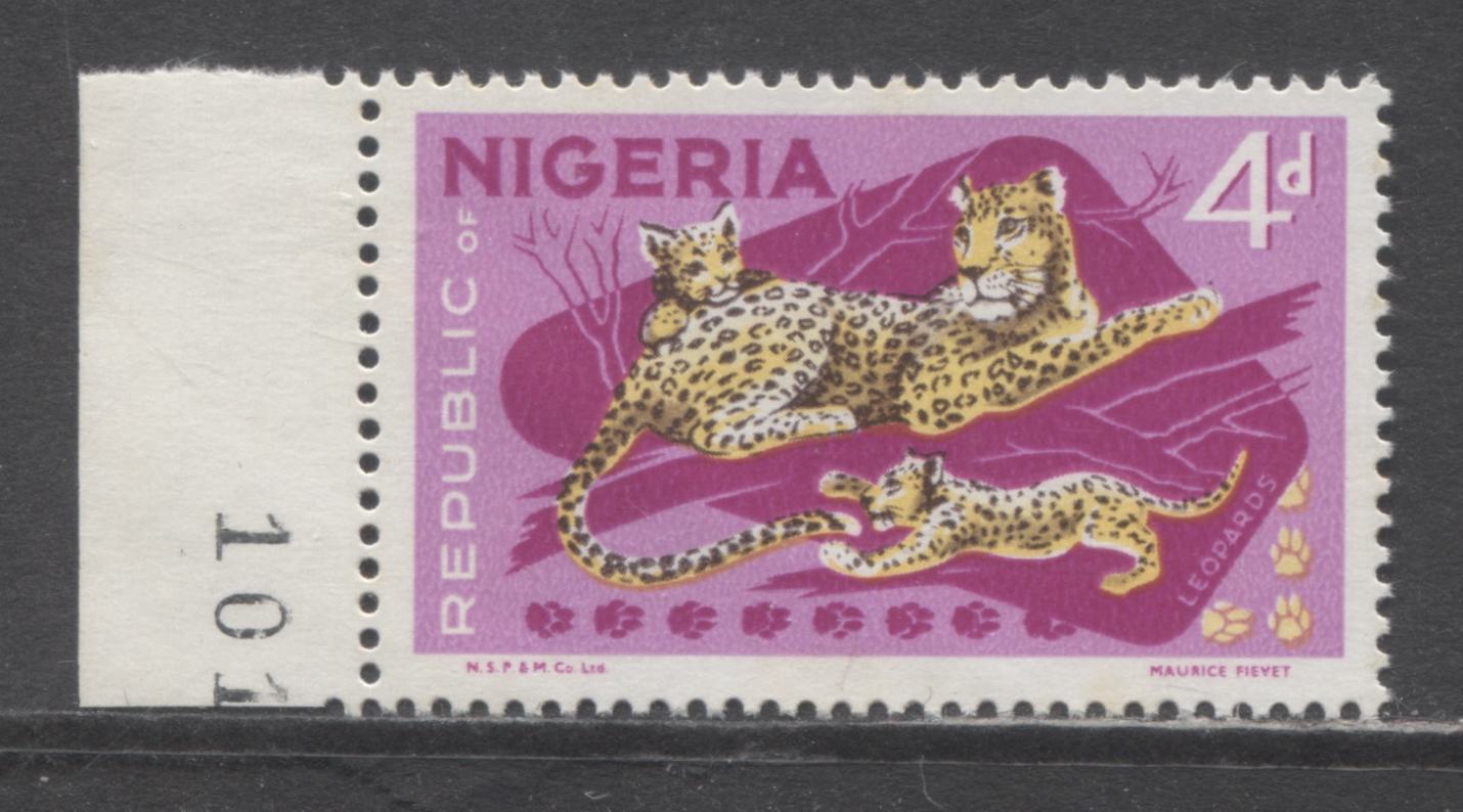 Nigeria #261 (SG#224) 4d Multicoloured Leopards, 1969-1972 NSP&M Wildlife Issue, A VFNH Single Bright Fuschia, Larger Imprint, MF/MF Vertical Wove Paper With Clear Mesh, Satin Dex Gum