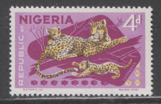 Nigeria #261 (SG#224) 4d Multicoloured Leopards, 1969-1972 NSP&M Wildlife Issue, A VFNH Single Bright Fuschia, Larger Imprint, HB/HB Vertical Wove Paper, Shiny Dex Gum