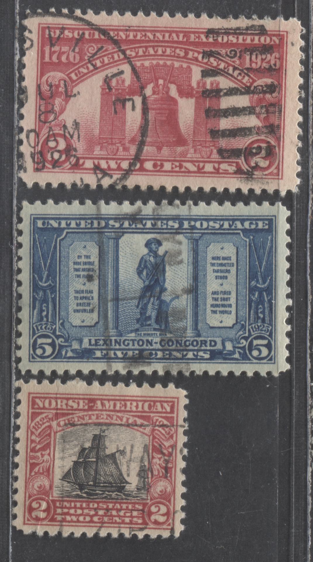 Lot 479 United States Of America #619-620, 627 2c & 5c Carmine Rose & Dark Blue "The Minuteman" - Liberty Bell, 1925-1926 Lexington Concord - Sesquicentennial Exhibition Issues, 4 VF & XF Used Singles 2c Norse American Issue With A Pre-Printing Crease