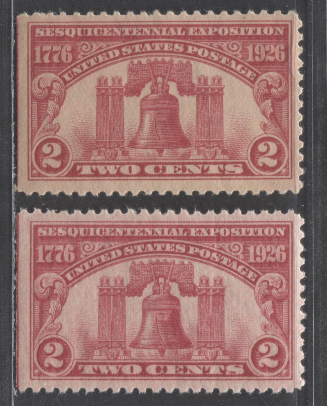 Lot 480 United States Of America #627 2c Carmine Rose Liberty Bell, 1926 Sesquicentennial Exhibition Issue, 2 VFNH Singles Two Shades Of Carmine Rose, Both From Left Side Of Sheet