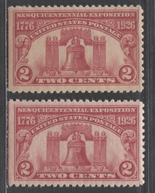 Lot 480 United States Of America #627 2c Carmine Rose Liberty Bell, 1926 Sesquicentennial Exhibition Issue, 2 VFNH Singles Two Shades Of Carmine Rose, Both From Left Side Of Sheet