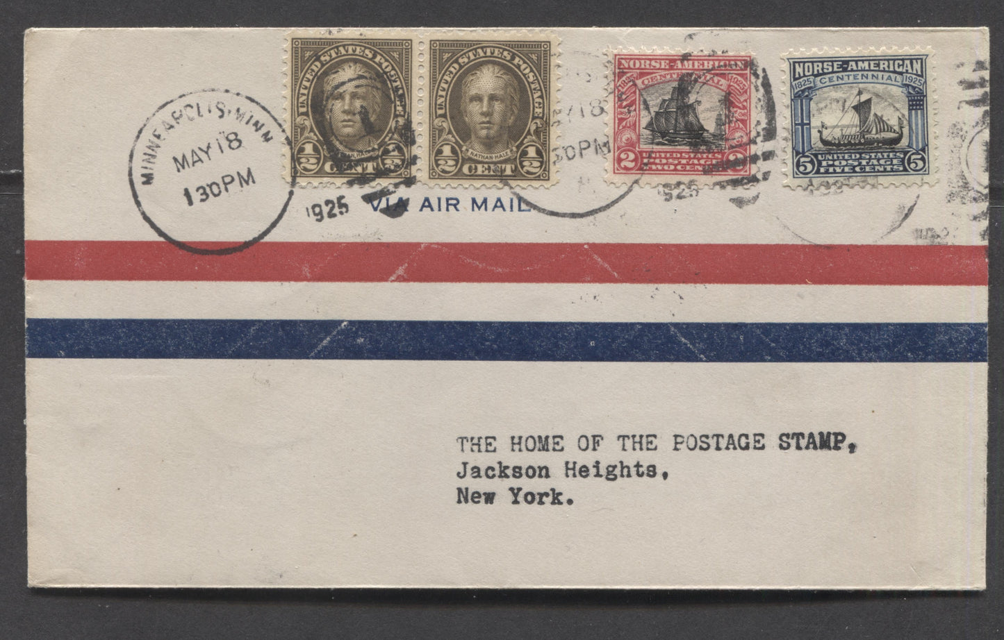 Lot 501 United States Of America #551, 620-621 1/2c, 2c, 5c Olive Brown - Black & Dark Blue Nathan Hale - Viking Ship, 1925 Norse-American Issue, A VF First Day Cover Used in Minneapolis, Minnesota