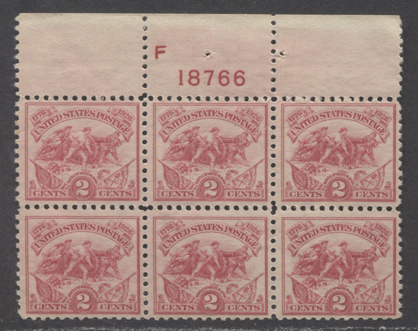 Lot 503 United States Of America #629 2c Carmine Rose Alexander Hamilton's Battery, 1926 White Plains Issue, A VFNH Upper Plate 18766 Block Of 6