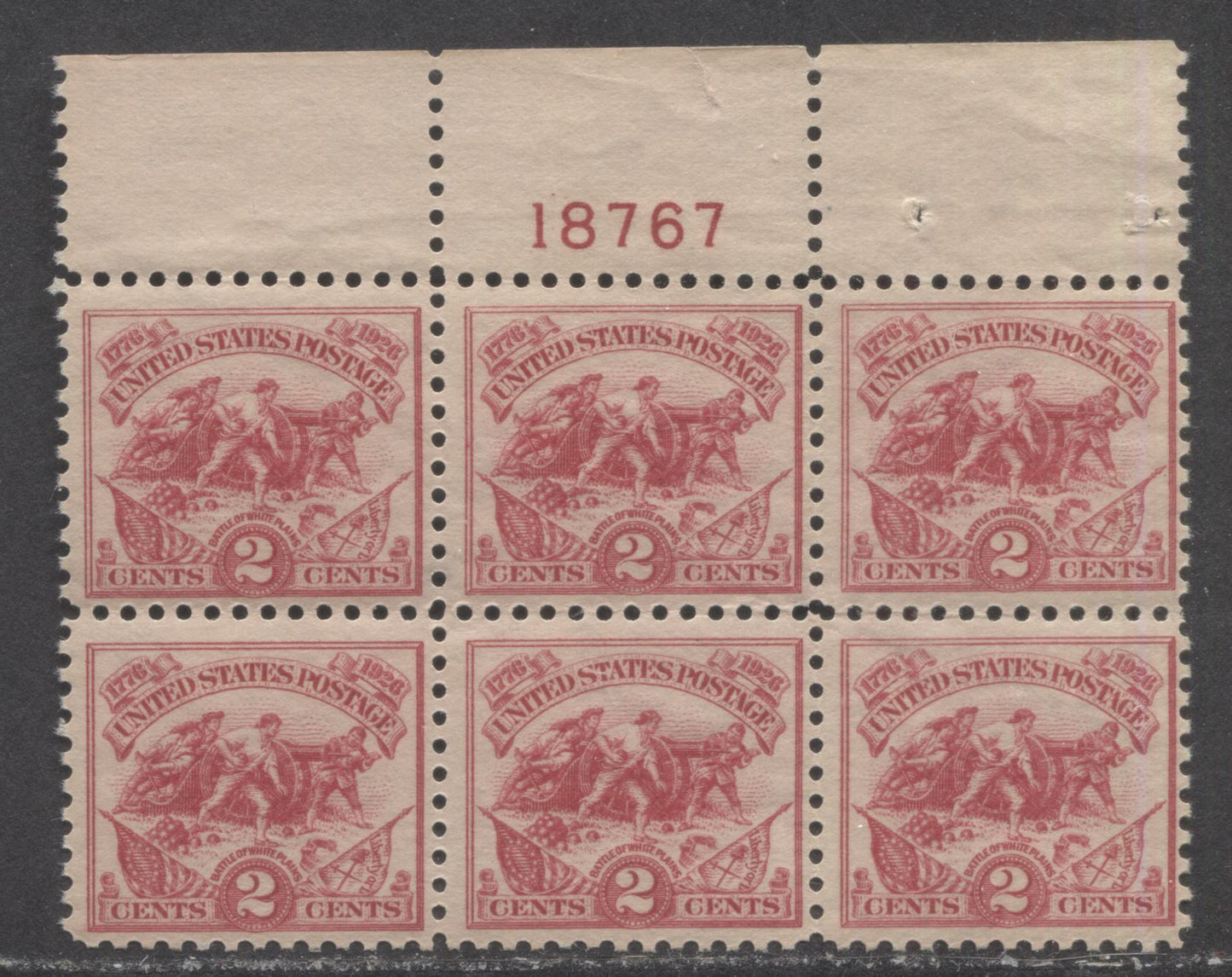 Lot 504 United States Of America #629 2c Carmine Rose Alexander Hamilton's Battery, 1926 White Plains Issue, A Fine NH Upper Plate 18767 Block Of 6