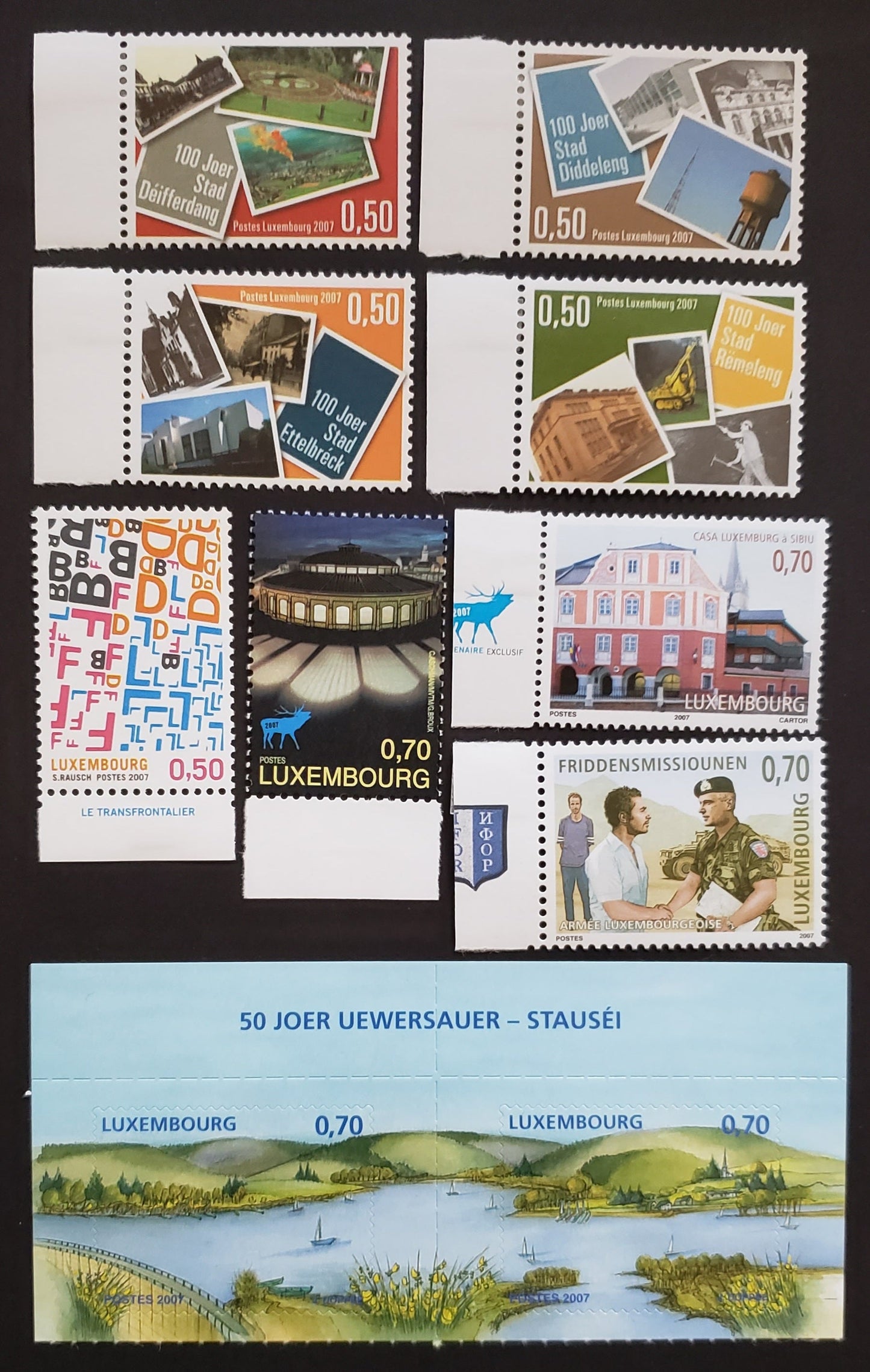 Lot 52 Luxembourg SC#1213/1225 2007 Town Centenaries / Esch-Sur-Sure Dam Issues, 8 VFNH Singles And 1 Pair, Click on Listing to See ALL Pictures, 2017 Scott Cat. $16.85