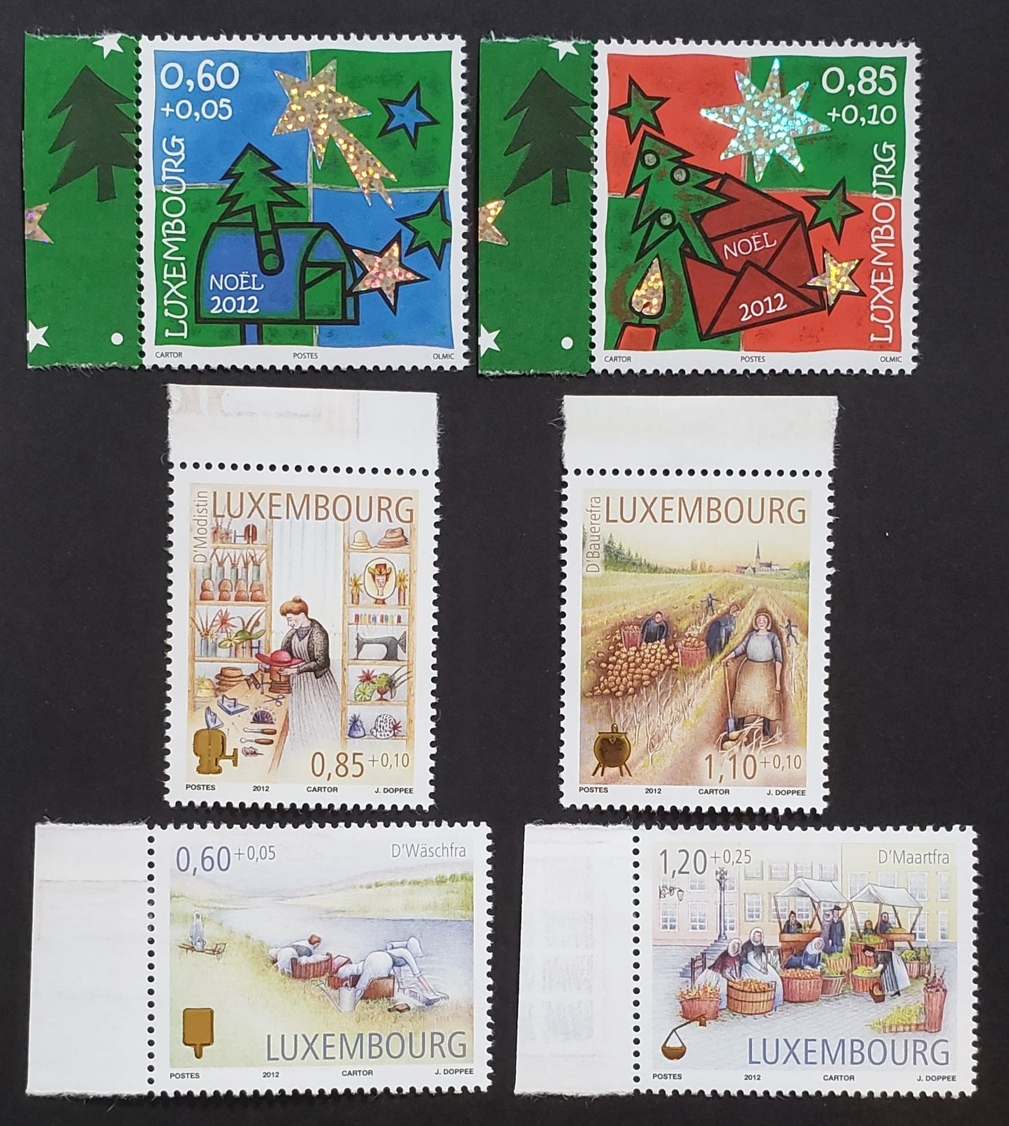 Lot 74 Luxembourg SC#B480/B485 2012 Christmas / Occupations Of The Past Issues, 6 VFNH Singles, Click on Listing to See ALL Pictures, 2017 Scott Cat. $15.25