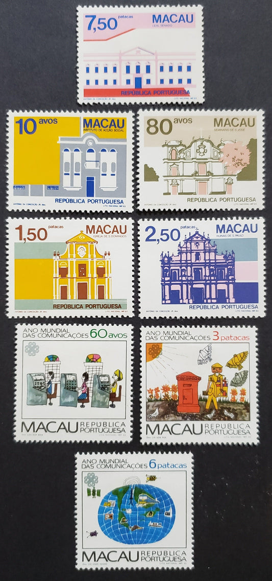 Lot 92 Macao SC#469/476 1983 World Communications Year / Architecture Issues, 8 VFOG Singles, Click on Listing to See ALL Pictures, 2017 Scott Cat. $24.75