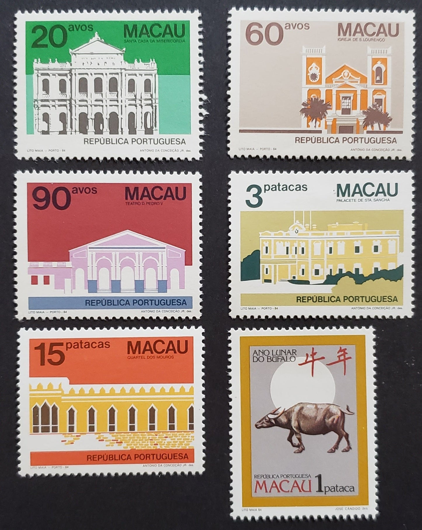 Lot 96 Macao SC#489/504 1984 Architecture / New Year Issues, 6 VFOG Singles, Click on Listing to See ALL Pictures, 2017 Scott Cat. $17.7