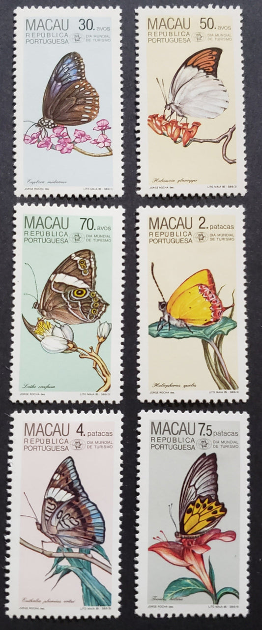 Lot 99 Macao SC#512/517 1985 Butterflies Issue, 6 VFOG Singles, Click on Listing to See ALL Pictures, 2017 Scott Cat. $20.75