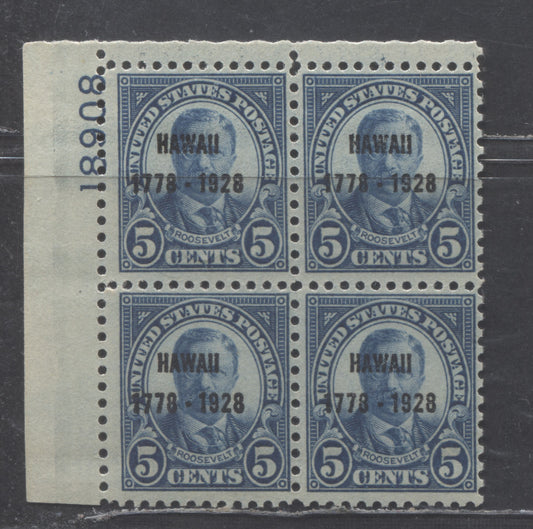 United States Of America #648 5c  Blue Theodore Roosevelt, 1928 Hawaii Sesquicentennial Issue, A VFNH UL Plate 18908 Block Of 4 Showing Shifts of The Vigentte