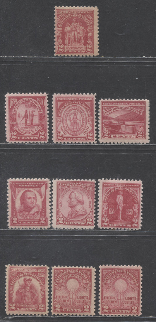 United States Of America #654-655, 657, 680-683, 688-690 2c Carmine, Carmine Red & Rose Carmine Edision's First Lamp - General Casimir Pulaski, 1929-1931 Electric Light Golden Jubilee - Pulaski Issues, 10 Fine & VFNH Singles