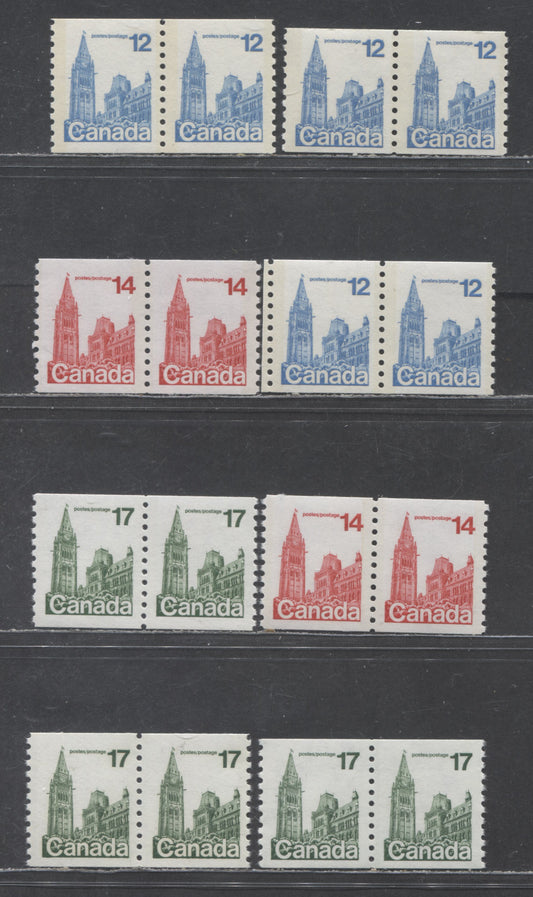 Lot 481 Canada #729, I, 730vii, 806, 806iv 12c-17c Light Blue, Red, Dark Green Parliament Buildings, 1977-1982  Floral & Environment Issue, 8 VFNH Coil Pairs On Horizontal & Vertical Wove DF/DF, LF/DF, F/F and LF/LF Papers