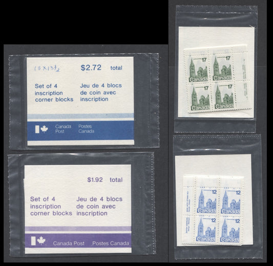 Lot 510 Canada #714, 790iv 12c, 17c New Blue & Dark Green Parliament Buildings, 1977-1982  Floral & Environment Issue, 2 VFNH Canada Post Sealed Packs Of Plate Blocks On DF1/LF3, And DF2/DF2 Paper With LF Type 3A and 4B Inserts