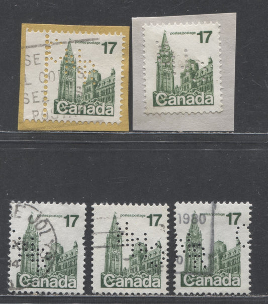 Lot 512 Canada #790iiivar, 790ivvar 17c Dark Green Parliament Buildings, 1977-1982  Floral & Environment Issue, 5 Fine & VF Used Singles Inverted & Upright Winnipeg CNR Perfins on DF & LF Papers