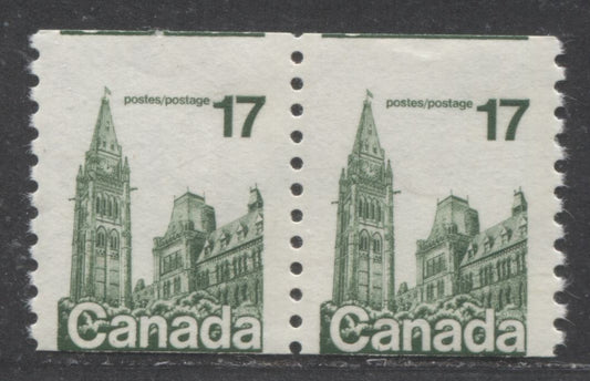 Lot 519 Canada #806var 17c Dark Green Parliament Buildings, 1977-1982  Floral & Environment Issue, A VFNH Coil Pair On LF3/DF1 Paper, Showing Dramatic Miscut