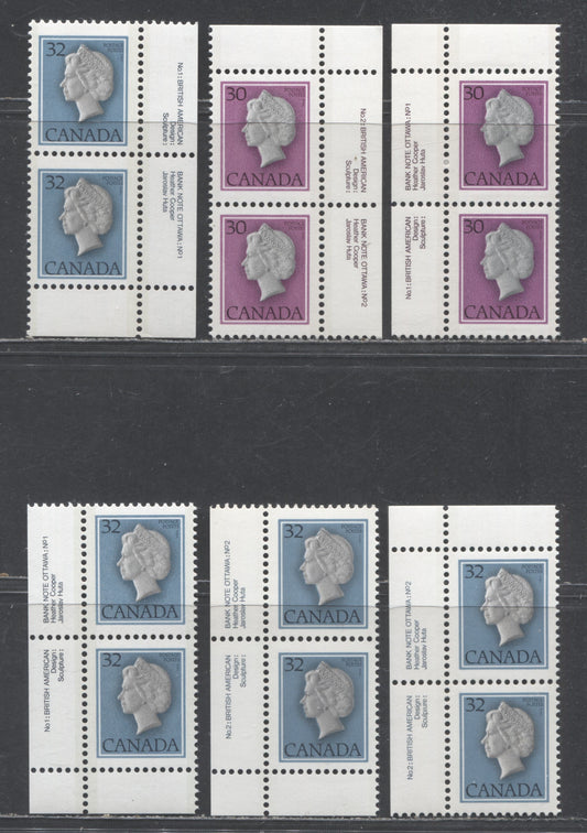 Lot 521 Canada #791, iv, 792  30c-32c Multicoloured Queen Elizabeth II, 1977-1982  Floral & Environment Issue, 6 VFNH Plate Pairs On Various Papers