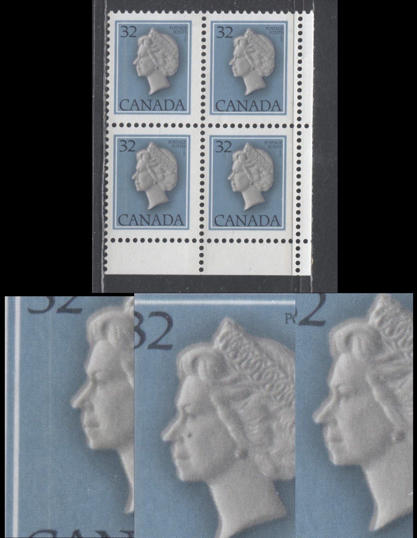 Lot 530 Canada #792i 32c Multicoloured Queen Elizabeth II, 1977-1982  Floral & Environment Issue, A Fine OG/NH LR Corner Block White Line In Background & Partial Double Cameo, LF3/DF2 Harrison Paper